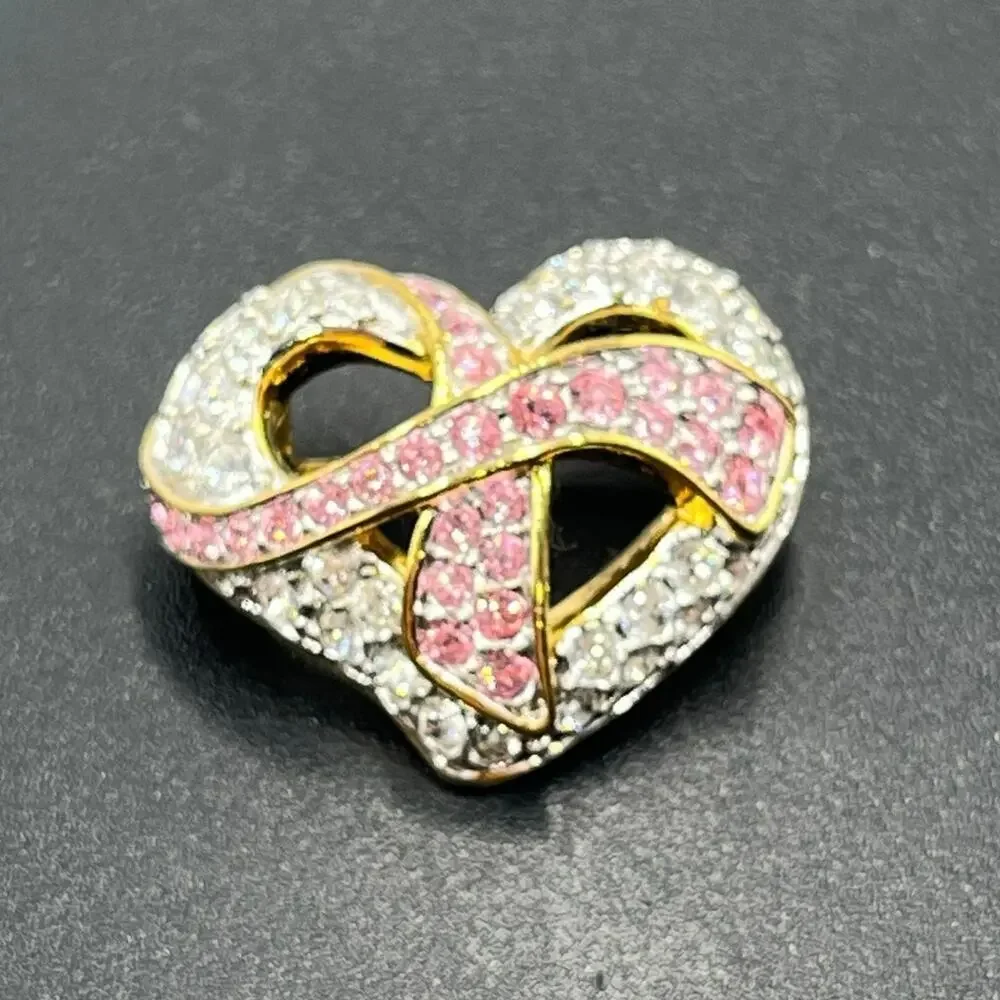 Swarovski Signed SWAN Goldtone Crystals Breast Cancer Ribbon Hope & Heart Brooch
